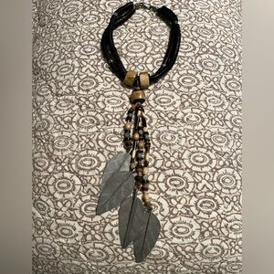 Vintage (1987) Wooden and Beaded Turkana Necklace with Hanging Tin Leaves! EUC!
